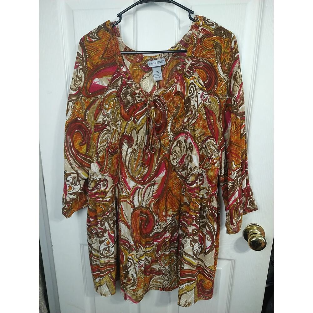 Catherines Woman 2X Semi Sheer Blouse V Tassel Neck 3/4 Sleeve Paisley Tunic Top